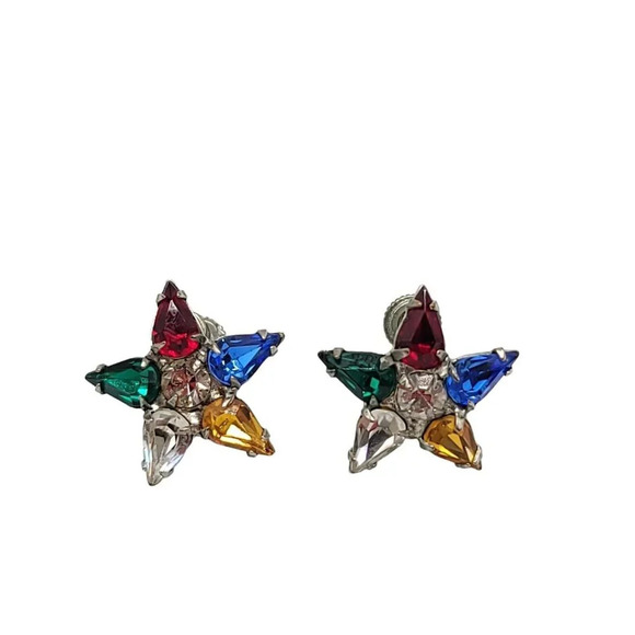 Estate Jewelry - Eastern Star Masonic Multi-Color Rhinestone Silver Tone 1940s Screwback Earrings